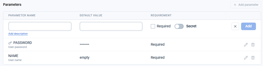 Parameters table with an editable row open