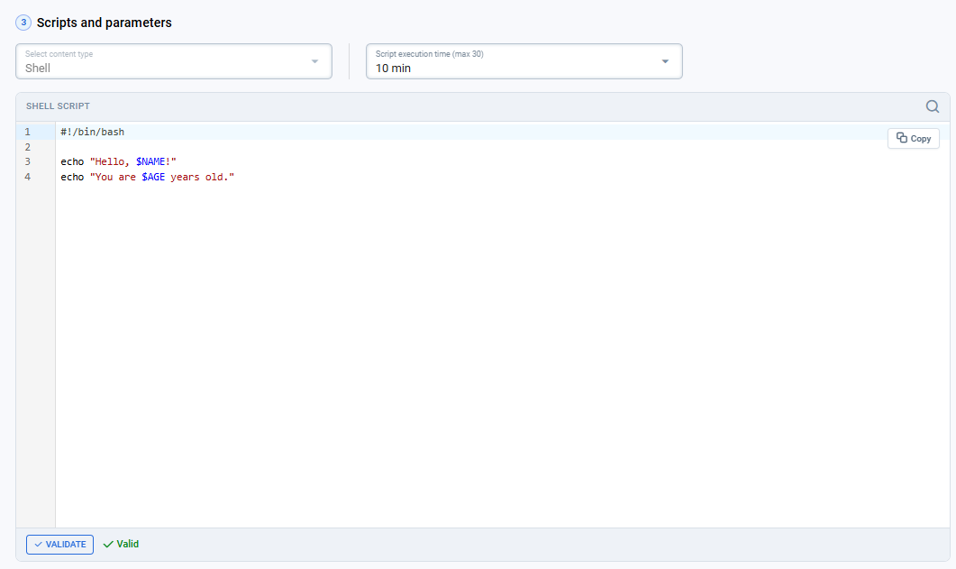 Scripts and parameters section with a validated script