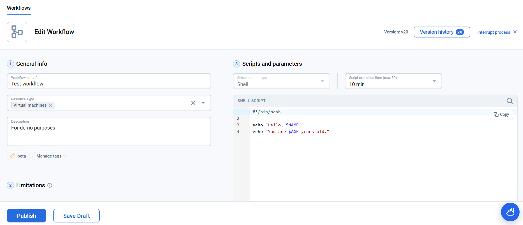 Edit Workflow page with the Version history button