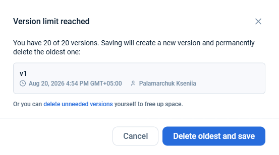 Version limit reached dialog