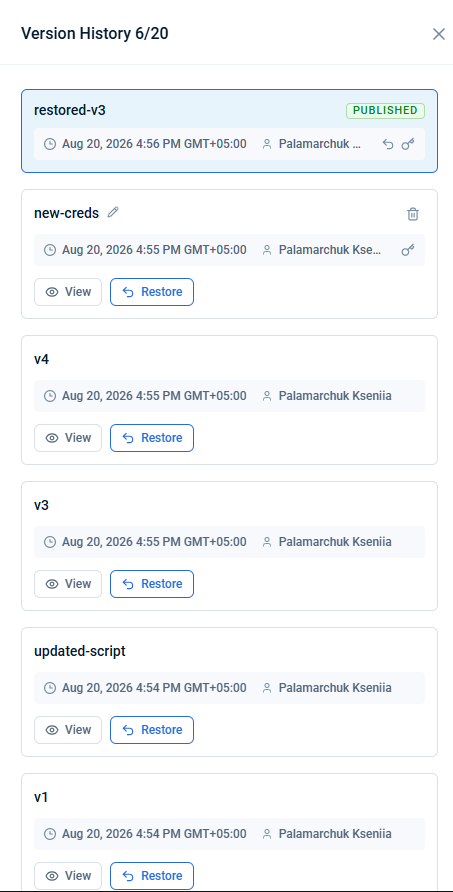 Version History side panel with the list of versions
