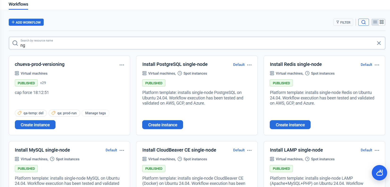 Workflows list, Grid view